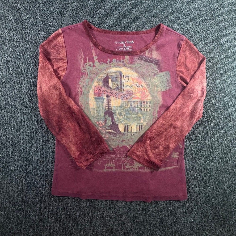 Special-Tees Paris Romantic City Graphic Top Womens S Maroon Long Sleeve Mesh